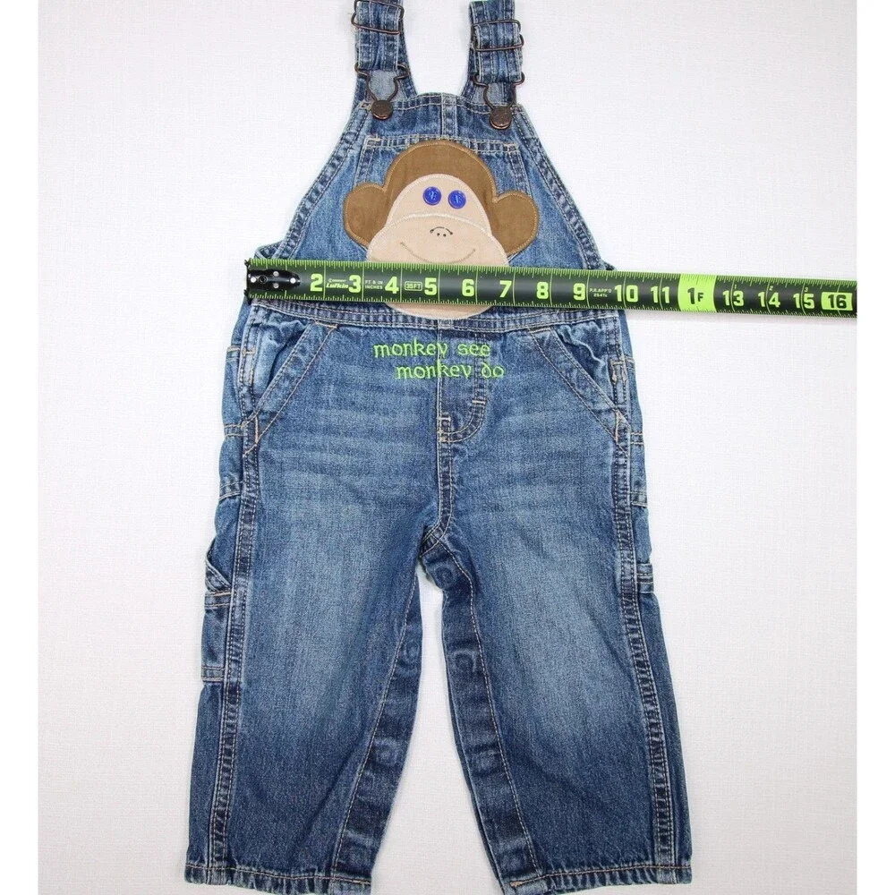 OshKosh B'Gosh Baby Boy Size 12 Months Monkey See Monkey Do Blue Denim Overalls